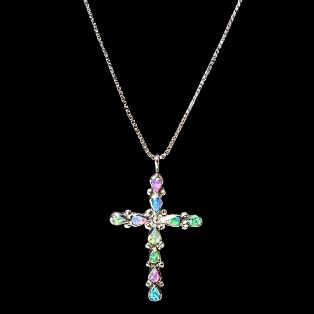 Vintage Sterling Silver Zuni Opal Cross Necklace - Picture 3 of 9
